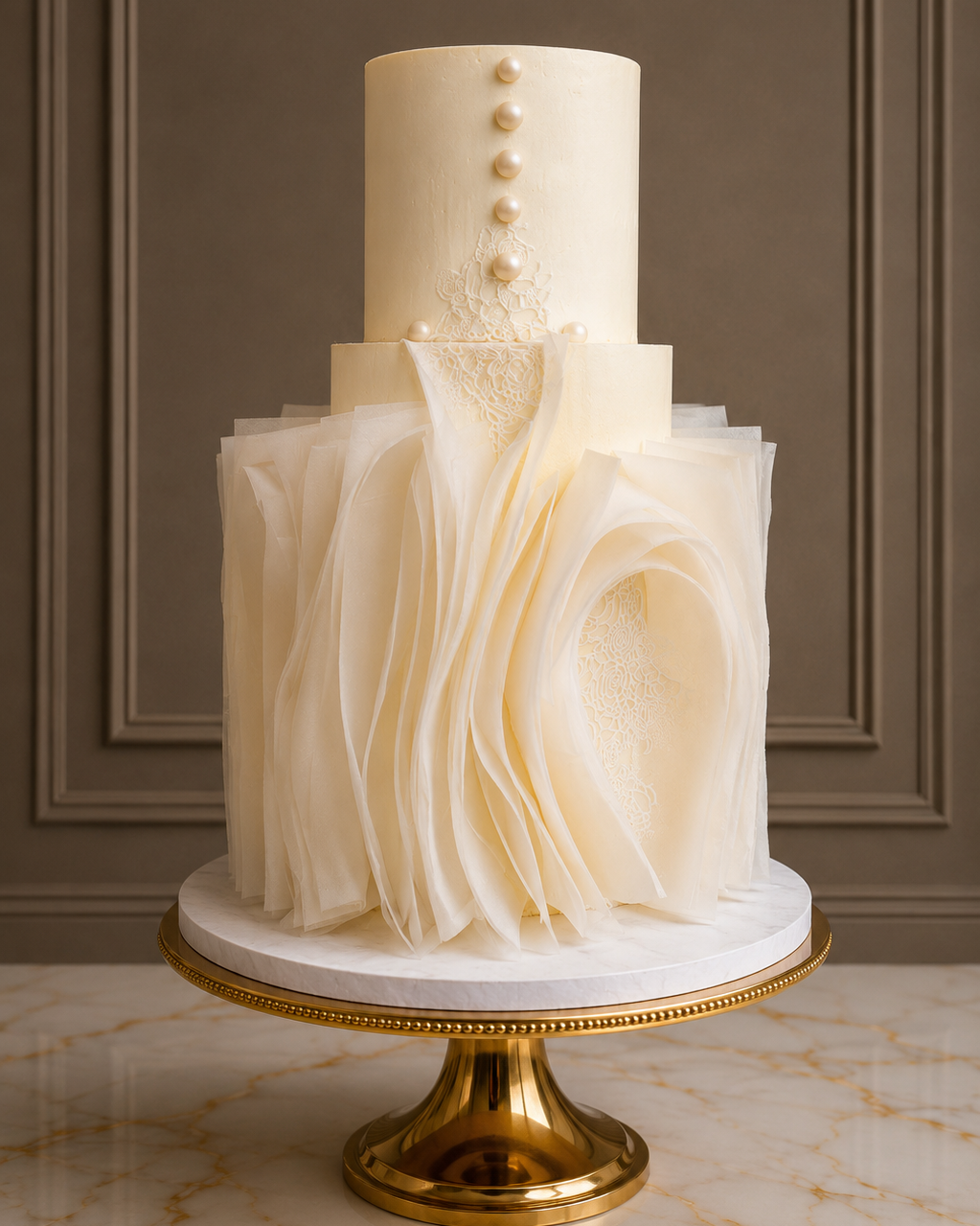 A two-tier cream-colored cake with elegant ruffled detailing on the bottom tier and pearl-like decorations on the top, displayed on a gold pedestal stand against a brown panelled wall.