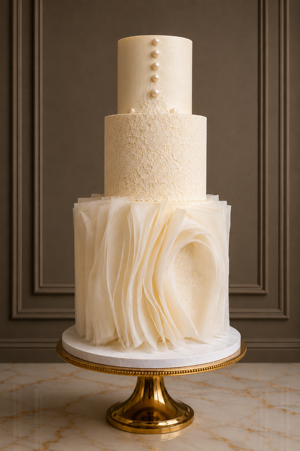A three-tiered cream-colored wedding cake with intricate textures, displayed on a gold and white cake stand against a dark brown paneled wall.