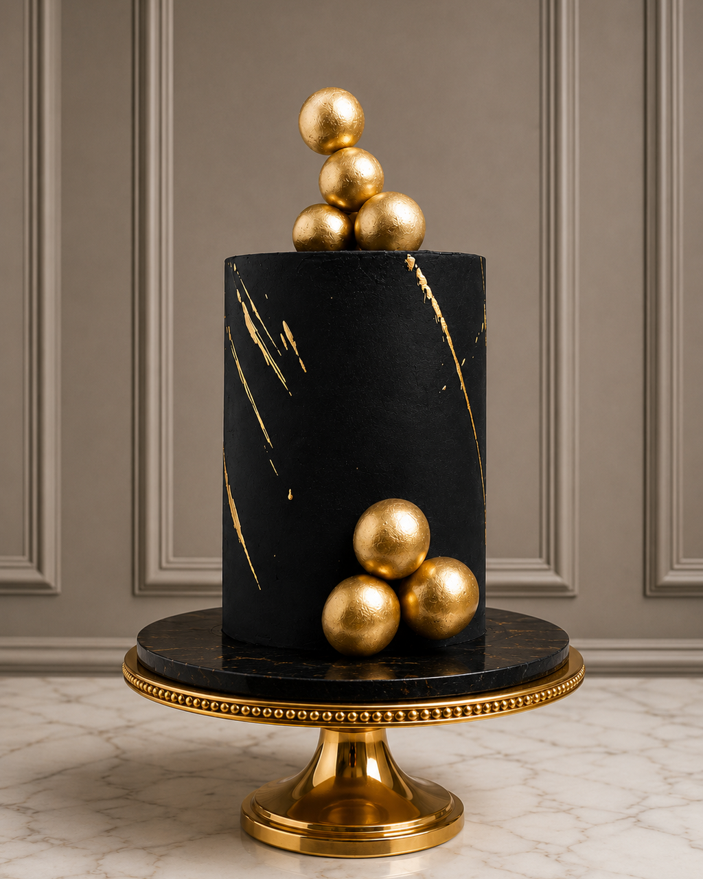 A black frosted cylinder cake with gold dplatter streaks, decorated with metallic gold fondant spheres, displayed on a gold and black pedestal stand against a grey panelled wall.