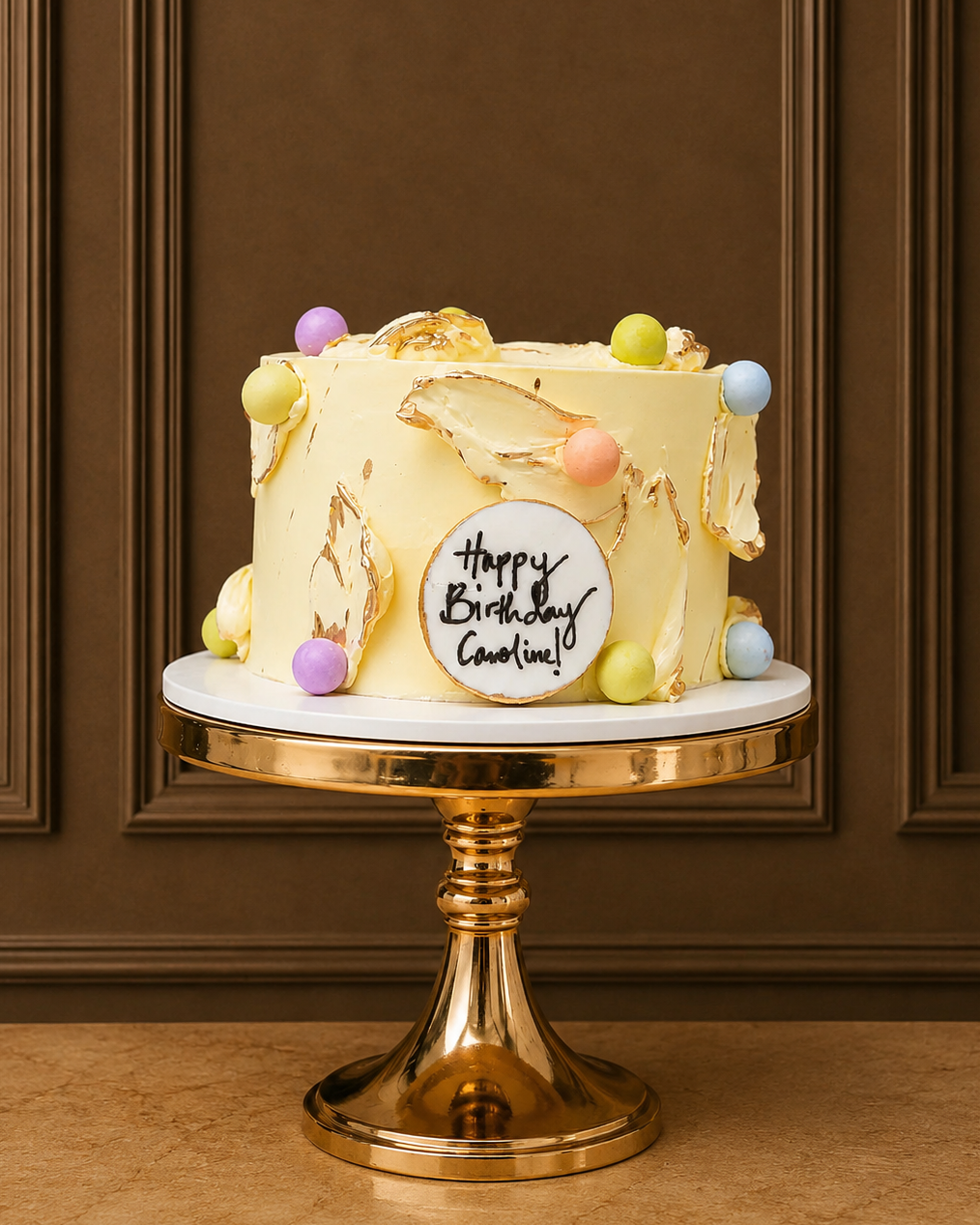 A frosted birthday cake with gold leaf accents and pastel decorative spheres sits on a gold pedestal stand against a brown paneled wall. The cake has a white round topper that reads 'Happy Birthday Carolina!'.