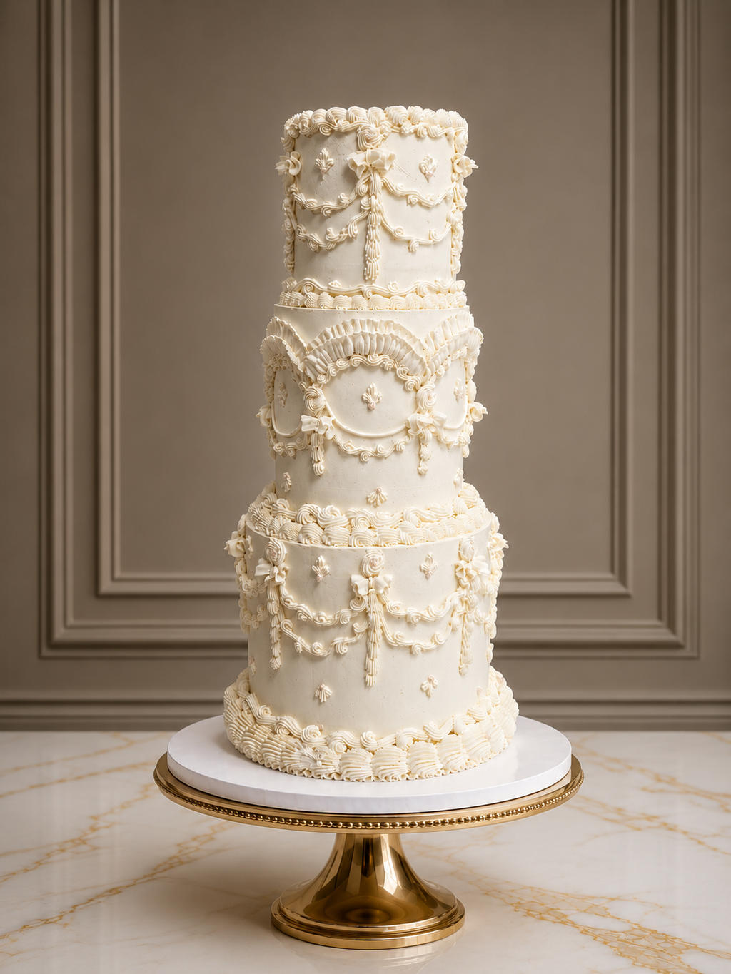 A three-tiered white cake decorated with intricate 3D floral and scrollwork sugar icing, displayed on a white and gold round cake stand against a neutral paneled wall.