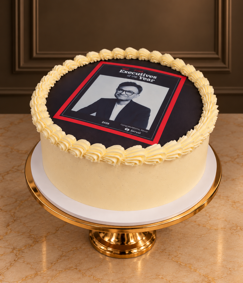 Corporate logo photo cake with full colour edible image on icing sheet, smooth ivory buttercream sides and shell border piping, by Good Cake Day London
