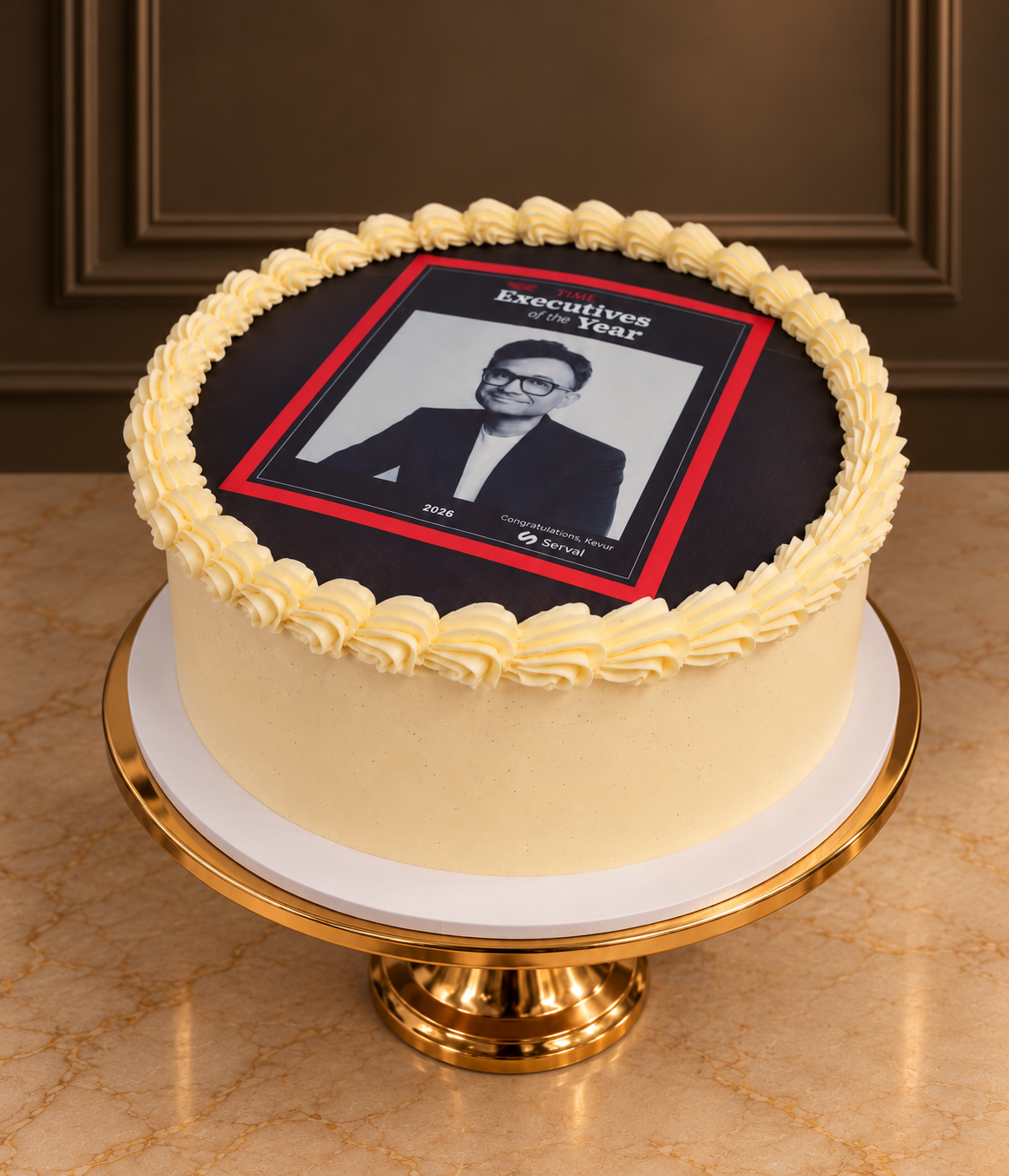 Corporate logo photo cake with full colour edible image on icing sheet, smooth ivory buttercream sides and shell border piping, by Good Cake Day London