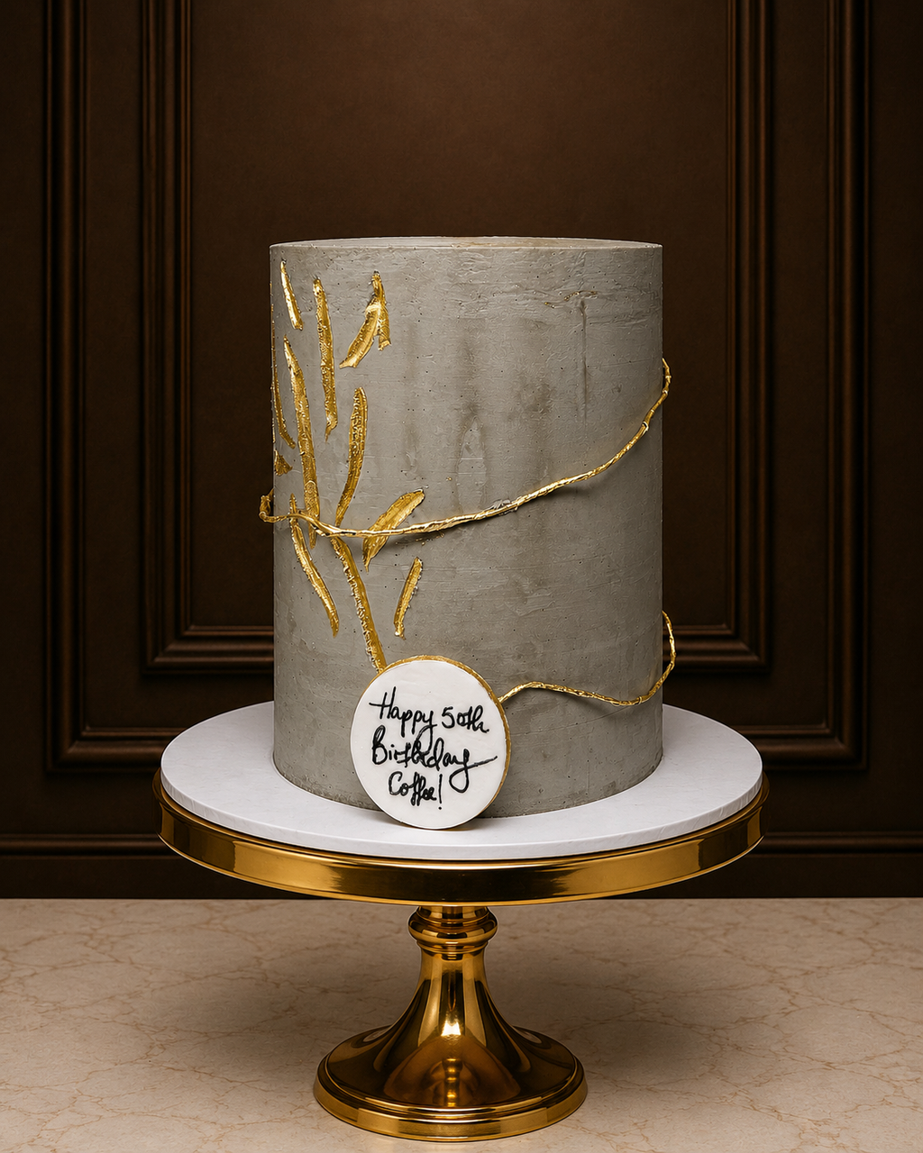 A tall, cylindrical gray cake with textured detailing and gold leaf branch accents, displayed on a white and gold pedestal stand against a dark brown paneled background. A round white topper reads 'Happy 60th Birthday Coffee!'.
