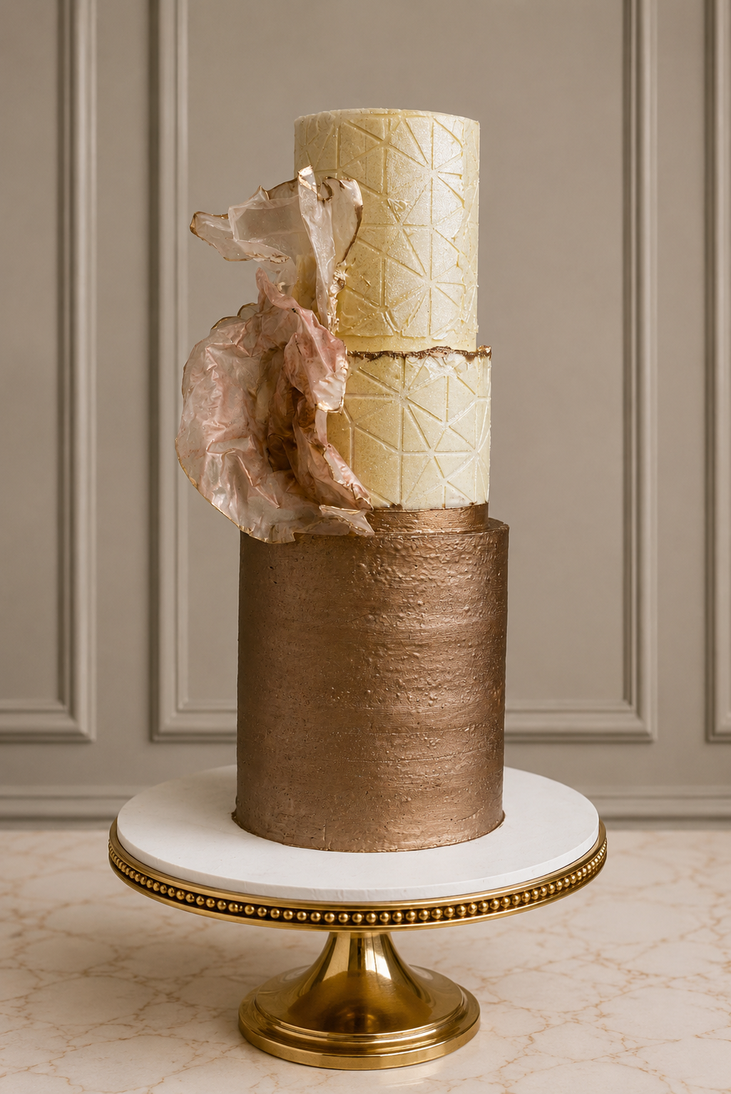 A three-tiered decorative cake displayed on a white marble and gold pedestal stand. The bottom tier is covered in textured metallic rose gold frosting, while the top two tiers are in cream-colored frosting with geometric patterns and a crumpled pink tulle accent.