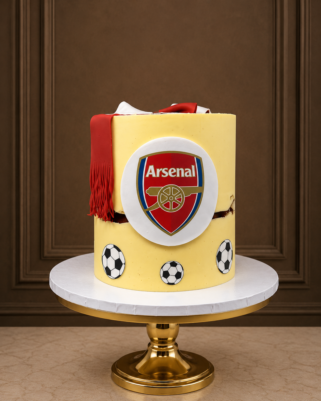 A yellow frosted cake decorated with an Arsenal football club crest, a red and white scarf, and soccer ball motifs, displayed on a white and gold cake stand against a brown paneled background.