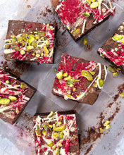 Load image into Gallery viewer, 6 Dark chocolate brownies infused with rose water &amp; white chocolate pieces adorned with white chocolate, crushed pistachios and freeze dried raspberries 
