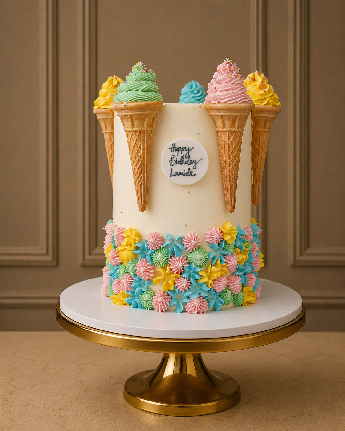 A decorated birthday cake shaped like an ice cream cone, displayed on a gold and white cake stand against a brown paneled wall. The cake has a cream-colored body, colourful piped frosting flowers around the base, and three ice cream cones on top with green, blue, pink, and yellow frosting.