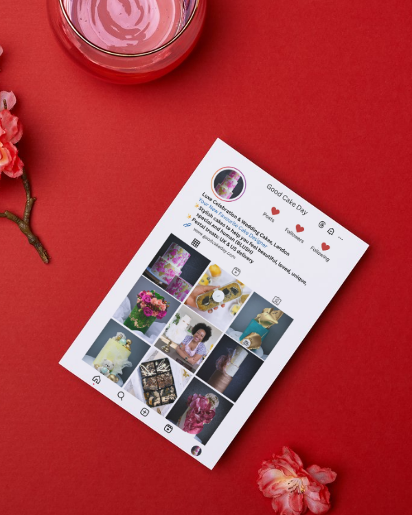 Instagram Style Business Card on a red background with flowers
