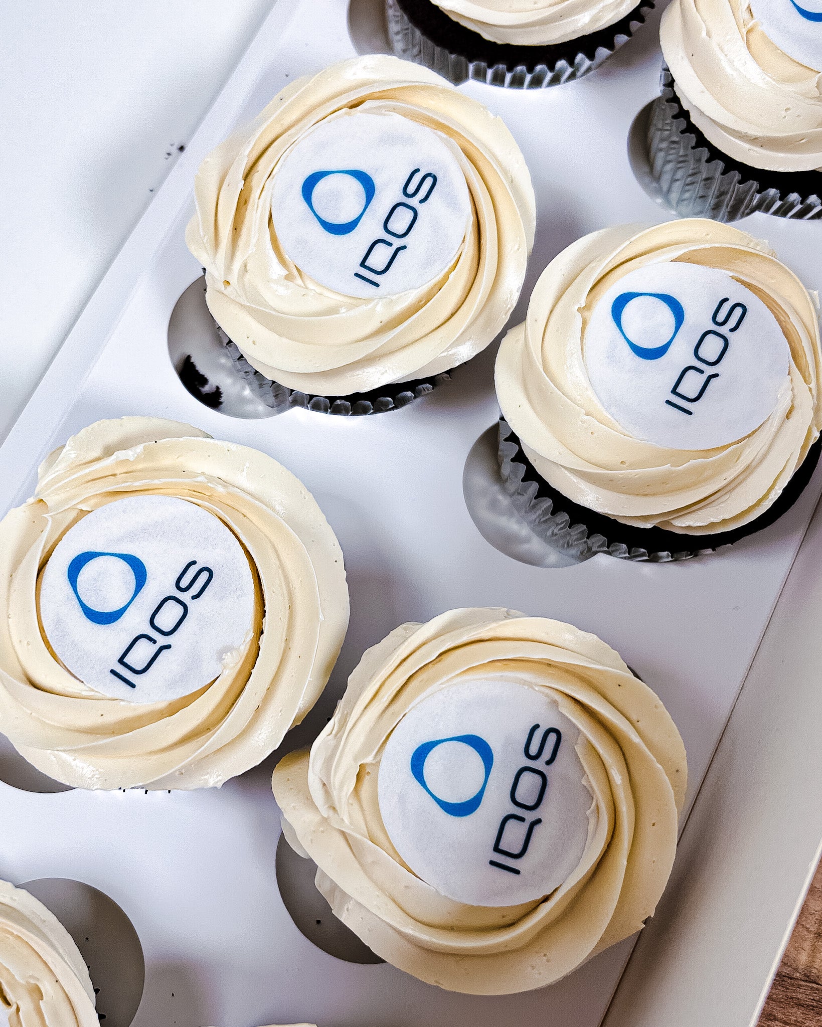 Cupcakes with IQOS branding on a white surface