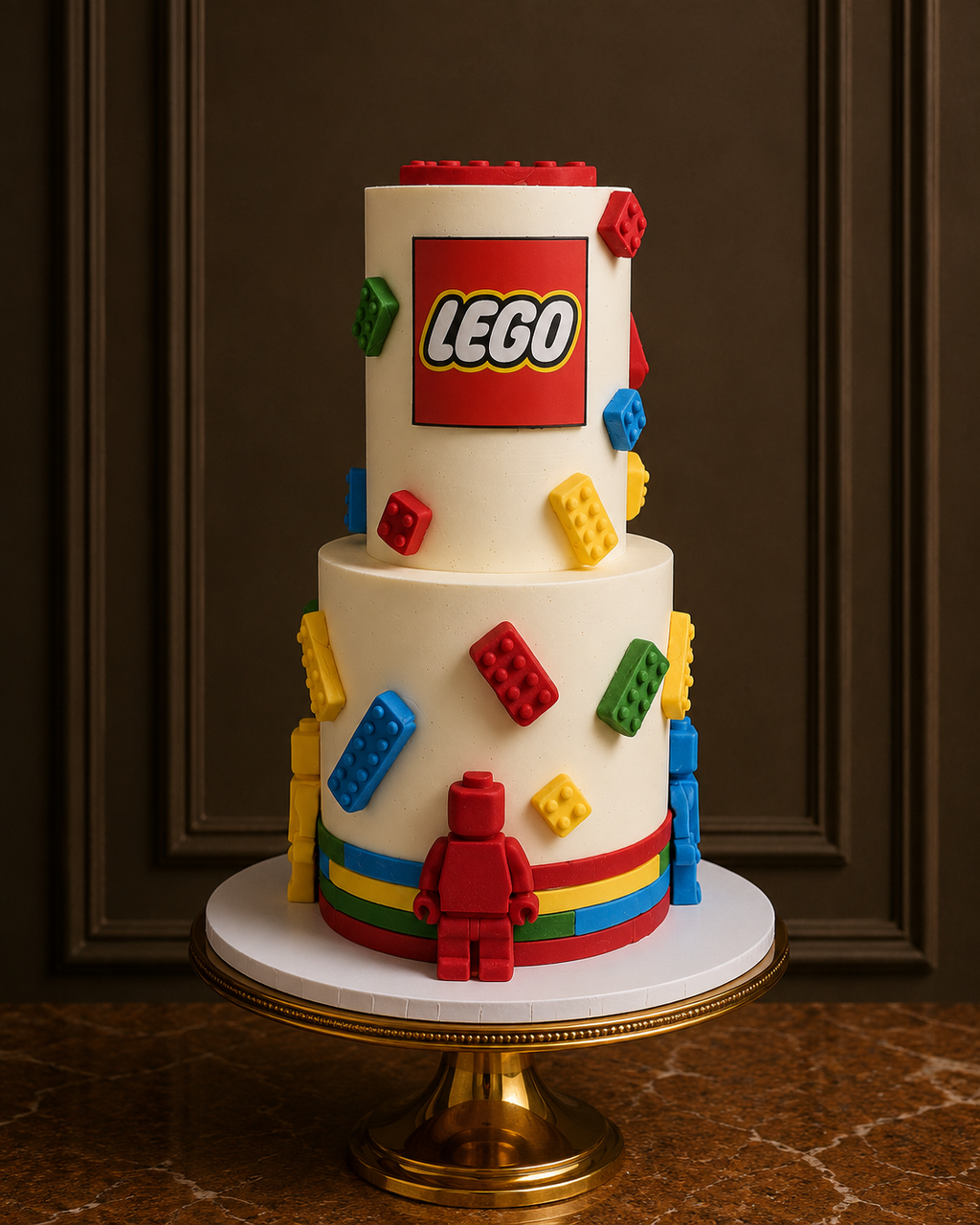 A two-tier white cake decorated with colourful LEGO-style fondant pieces and a red LEGO logo on the top tier, displayed on a gold pedestal stand against a dark brown panelled background.