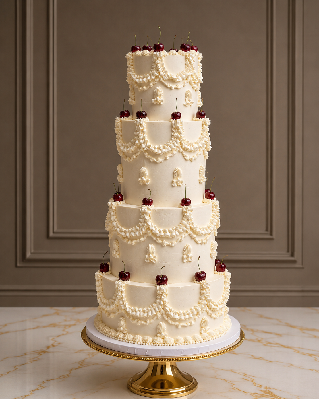 A four-tier white wedding cake decorated with intricate piped cream patterns, small cherries, and gold accents, displayed on a gold pedestal stand against a neutral panelled wall.