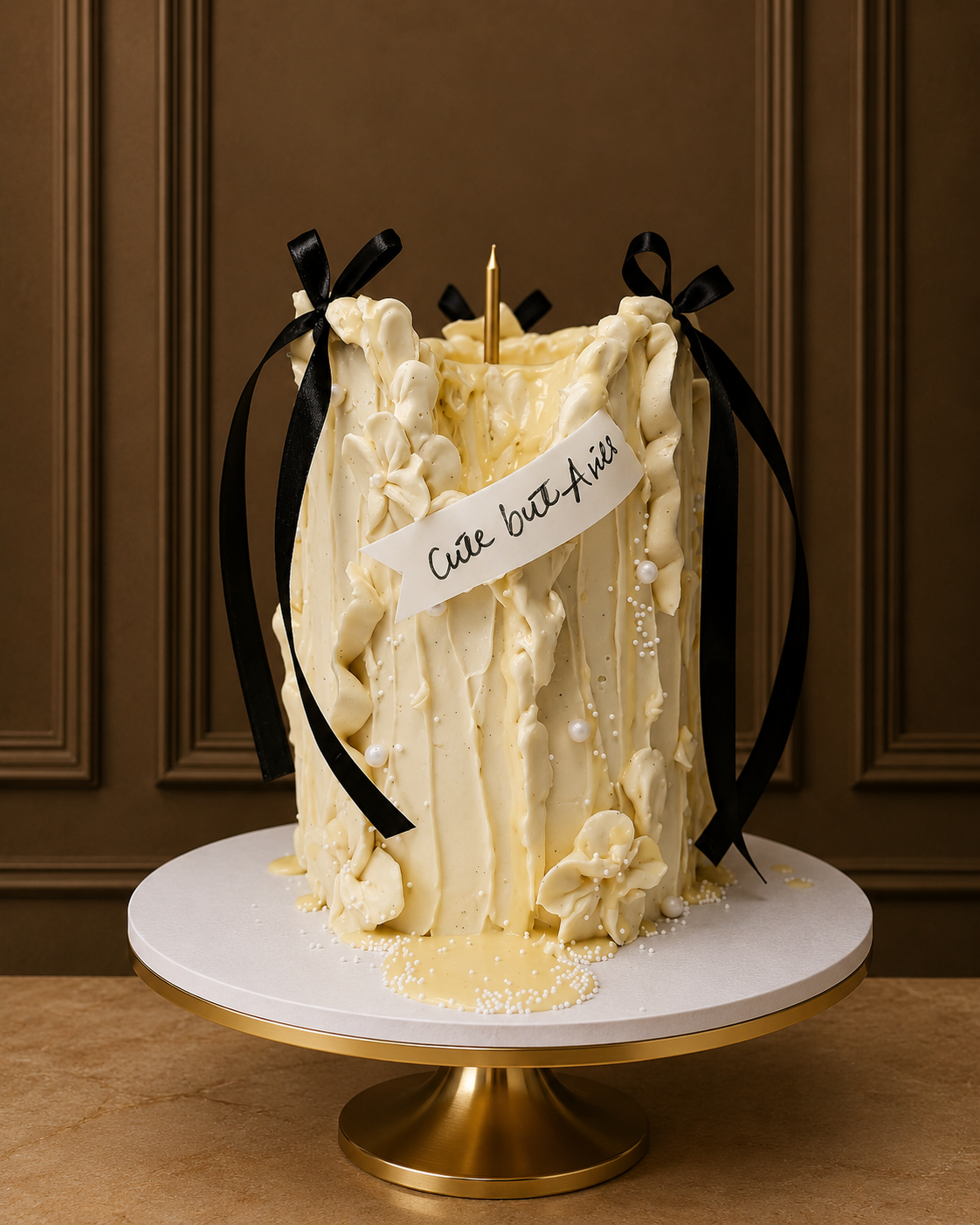 A custom white chocolate cake with vertical drizzle, floral decorations, and black ribbon bows, displayed on a white and gold pedestal stand against a dark brown paneled wall.