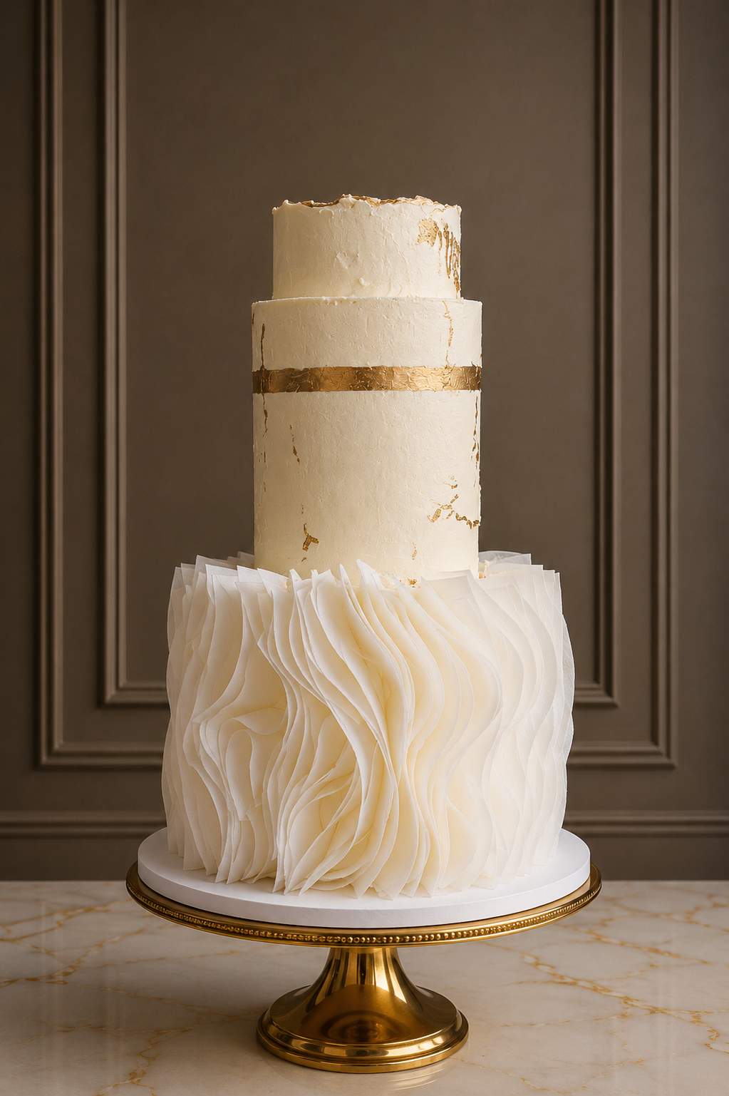 A three-tier wedding cake with white frosting, featuring gold leaf accents and a gold horizontal band, displayed on a white and gold cake stand against a dark brown paneled wall.