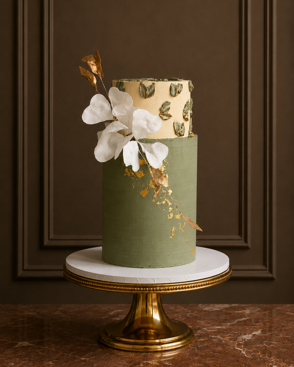 A two-tiered cake displayed on a white and gold pedestal stand. The lower tier is covered in matte sage green fondant, while the upper tier is cream with a green leaf pattern.