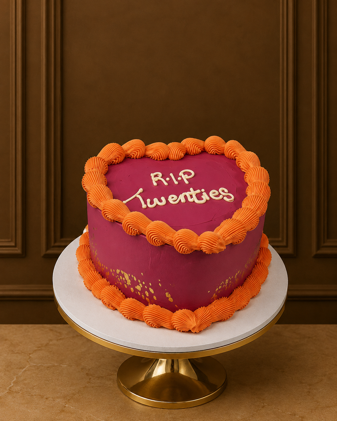 A heart-shaped cake with magenta frosting, piped orange border, and white icing text 