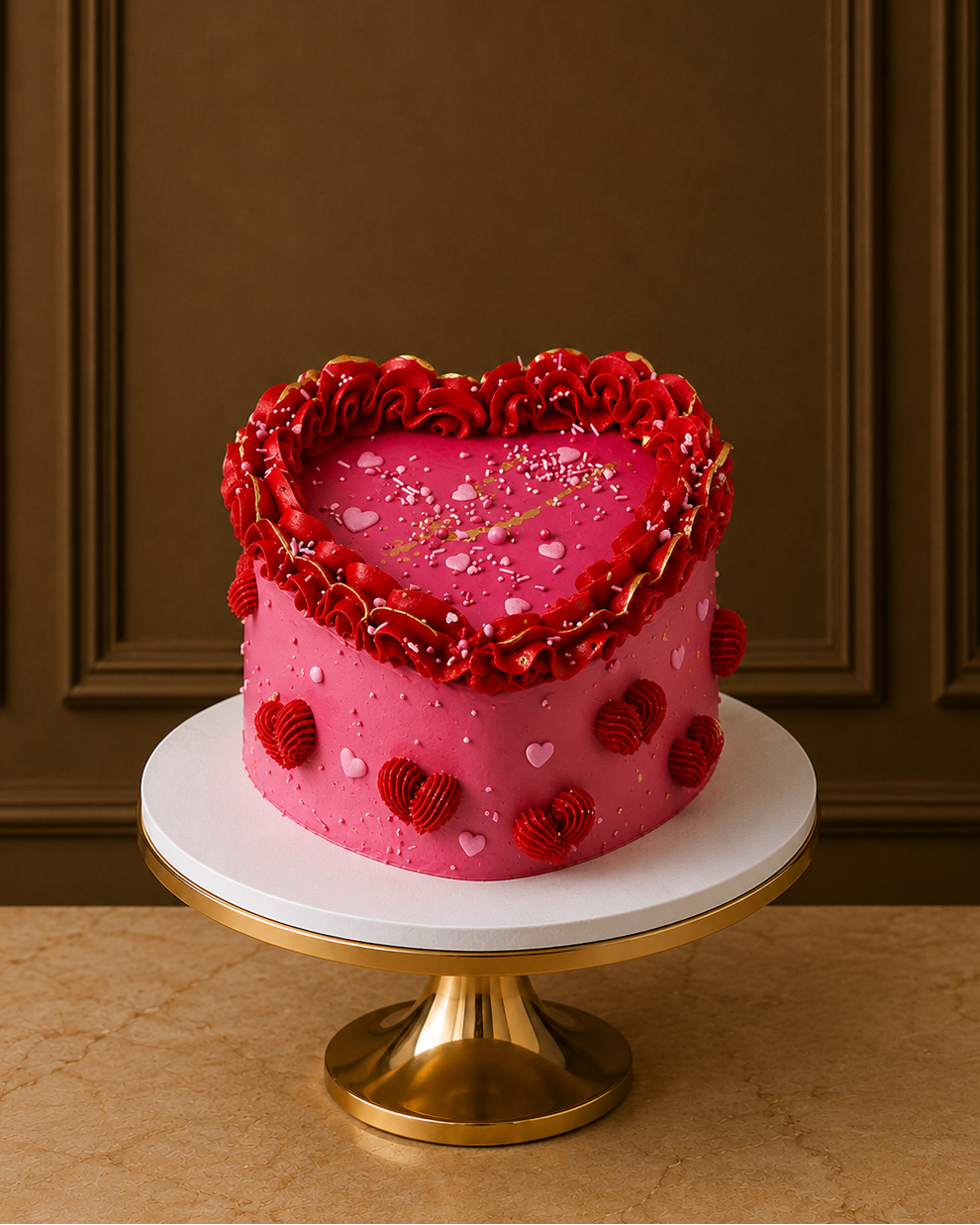 A pink heart-shaped cake with red rosette frosting trim and small red and white heart decorations, displayed on a white and gold cake stand against a dark brown paneled wall.