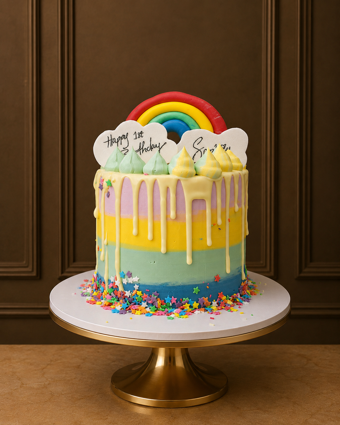 A four tone birthday cake with pastel blue, yellow, and lavender drip frosting, topped with a rainbow decoration, white cloud-shaped cake toppers, and colourful sprinkles on a white and gold cake stand.