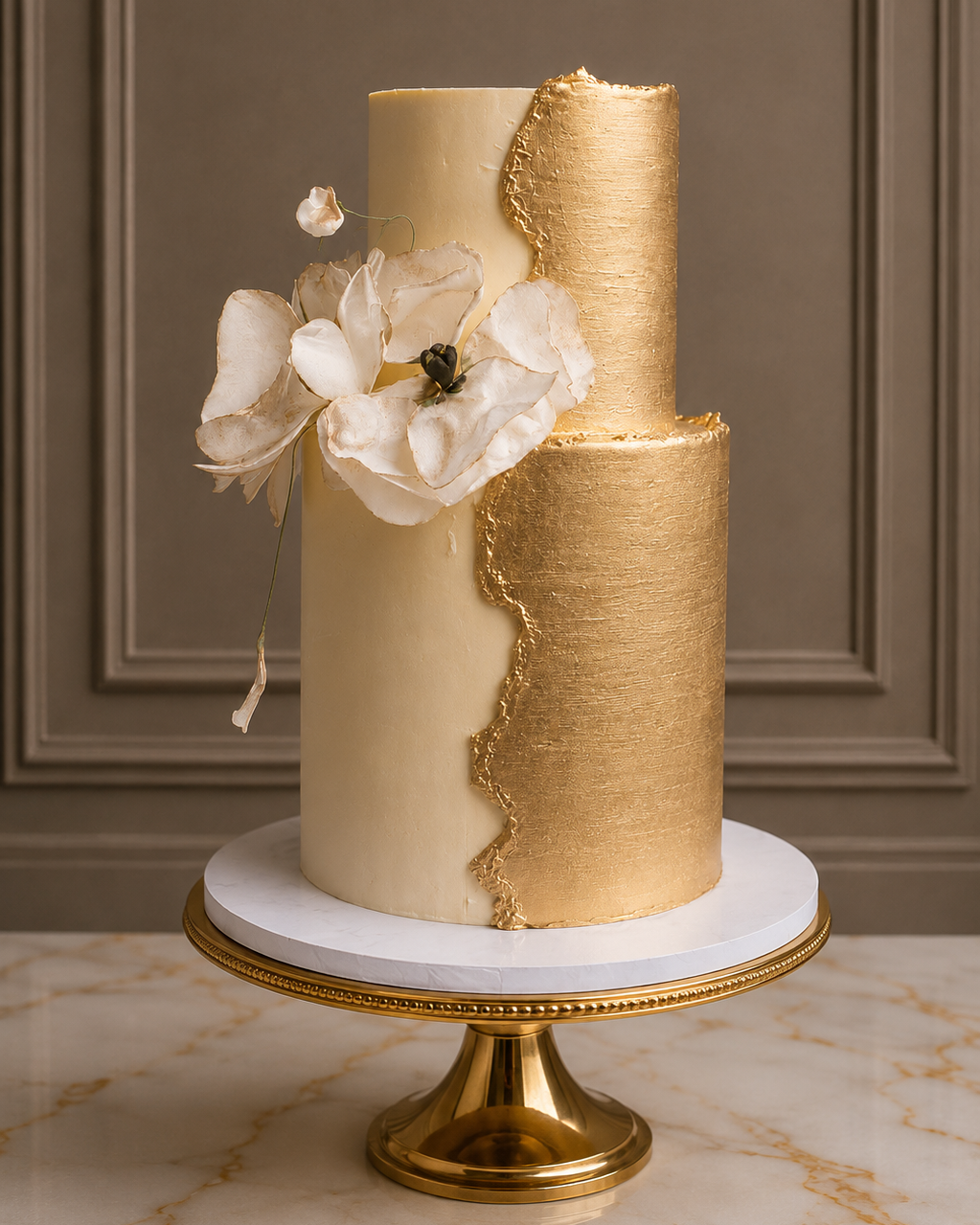 A two-tiered cake with a matte cream finish and a textured metallic gold leaf design running vertically down the side, decorated with large white sugar flowers, displayed on a gold and white cake stand against a brown paneled wall.