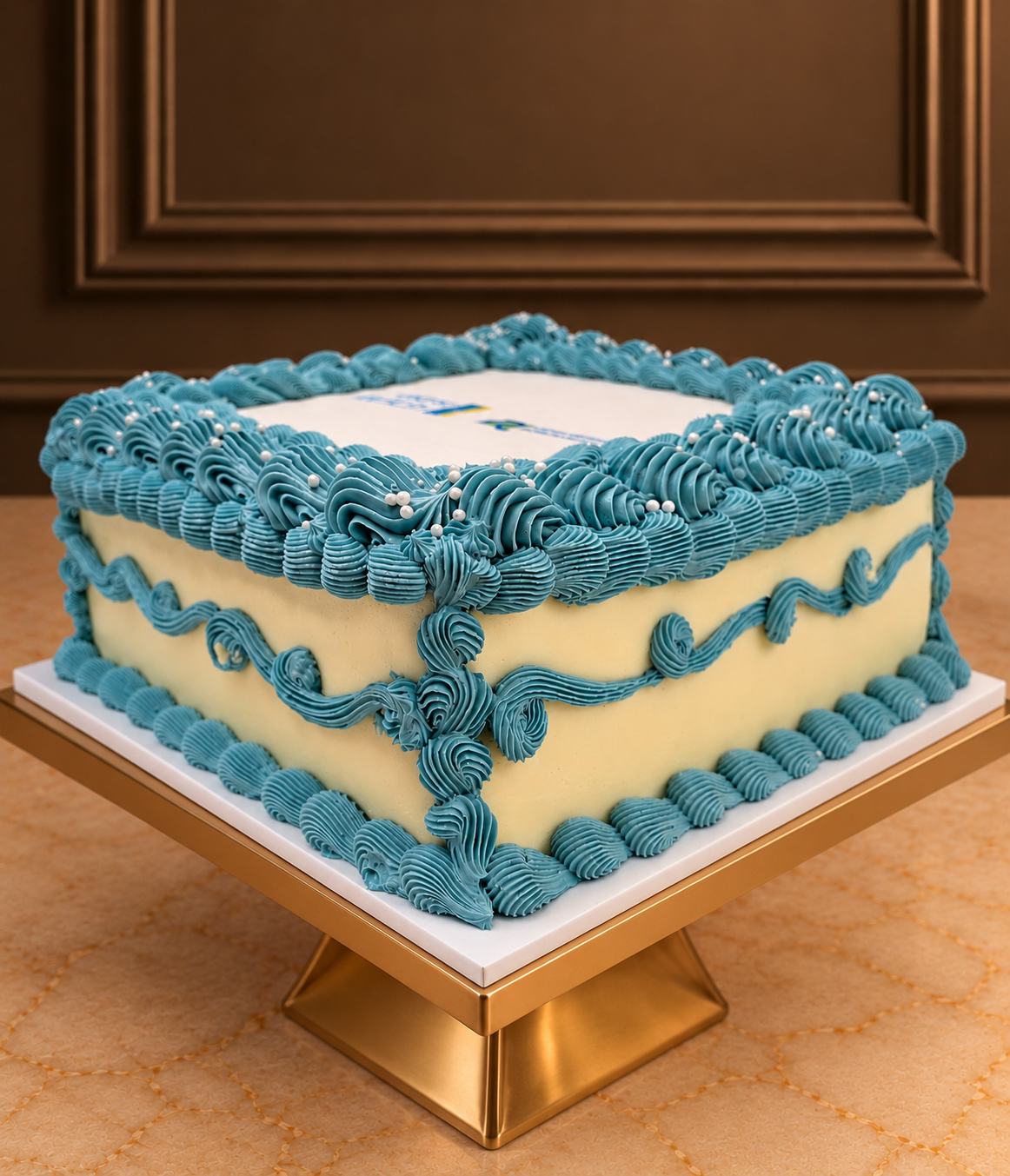 Square Lambeth corporate logo cake with teal buttercream scroll piping, ruffles, silver pearls and branded edible image topper, by Good Cake Day London