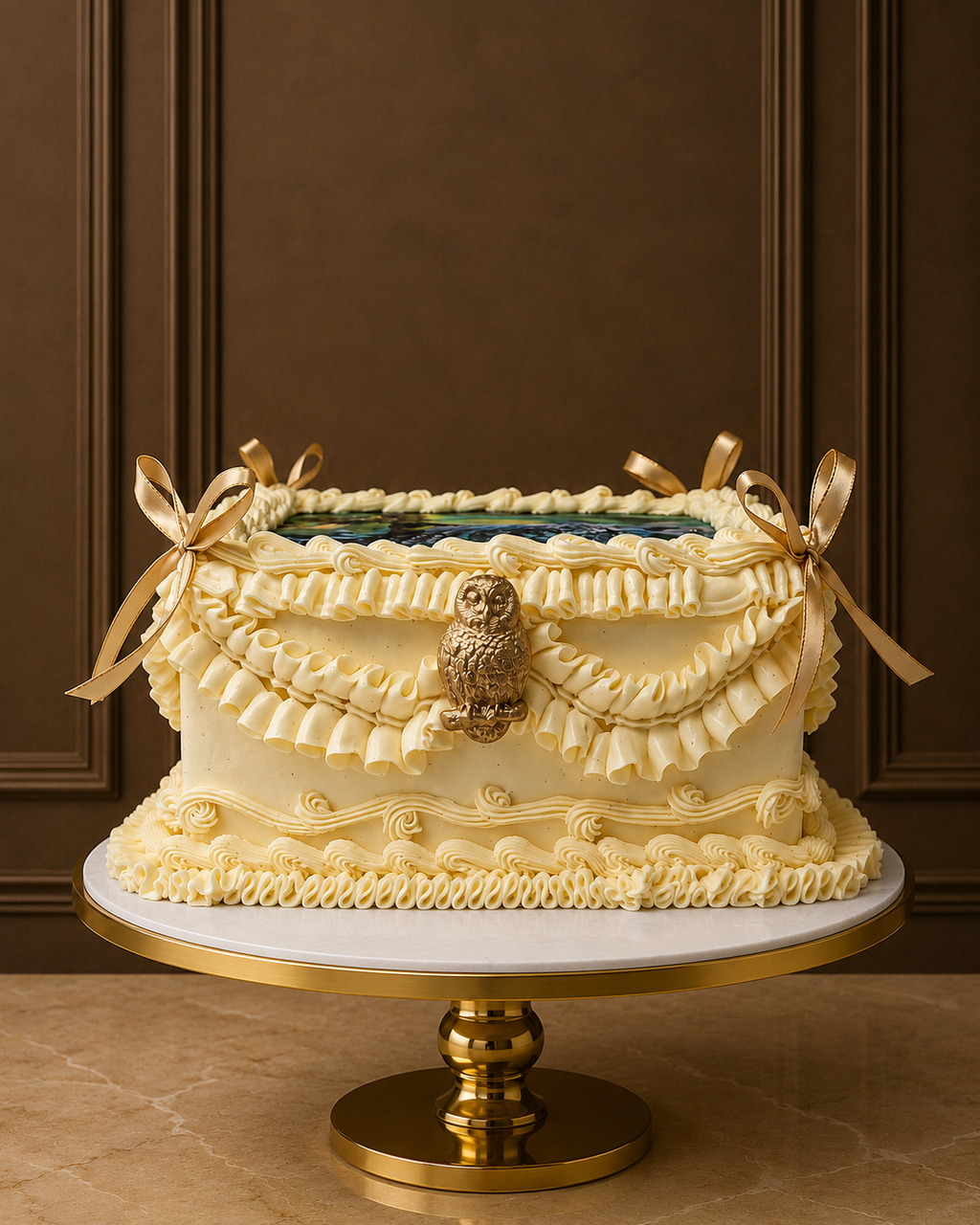 A decorative rectangular cake with pale cream frosting, ruffled piped borders, gold ribbon bows, and a gold owl topper, displayed on a round gold and white cake stand against a dark brown paneled background.