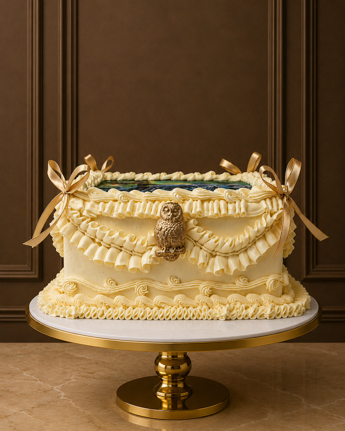 A decorative rectangular cake with pale cream frosting, ruffled piped borders, gold ribbon bows, and a gold owl topper, displayed on a round gold and white cake stand against a dark brown paneled background.