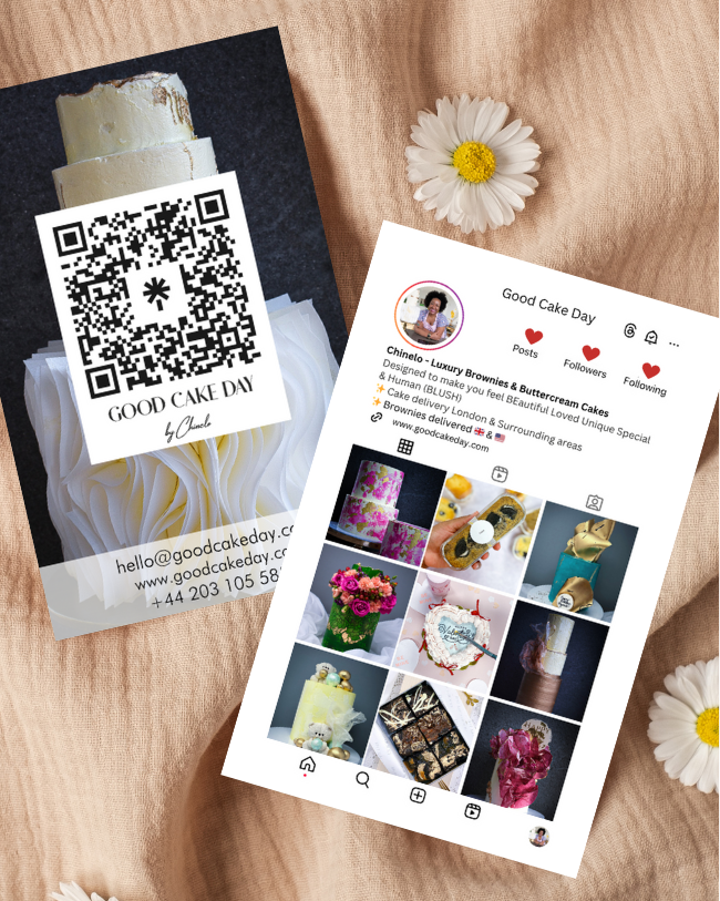 Instagram layout business card with QR code and social media links on a wooden surface with flowers.