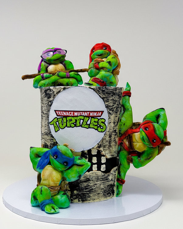 Decorative cake with Teenage Mutant Ninja Turtles figures on a white background