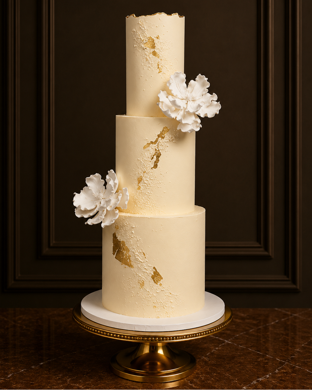 A three-tier cream-colored cake with textured gold leaf details and white sugar flowers, displayed on a gold cake stand against a dark brown panelled background.