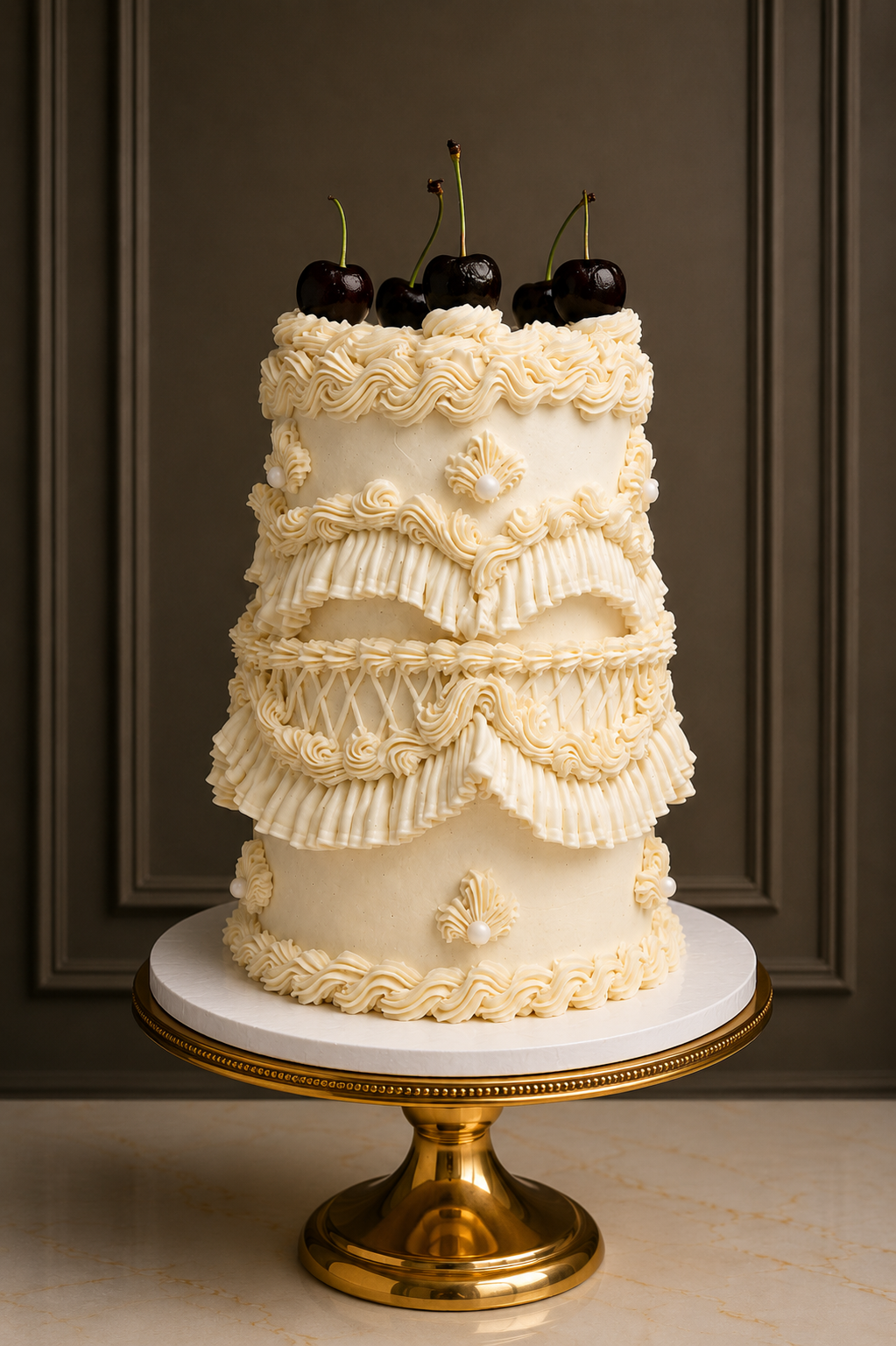A three-tiered white cake decorated with intricate cream-colored piped frosting patterns, topped with fresh dark cherries, displayed on a white and gold pedestal stand against a dark brown paneled wall.