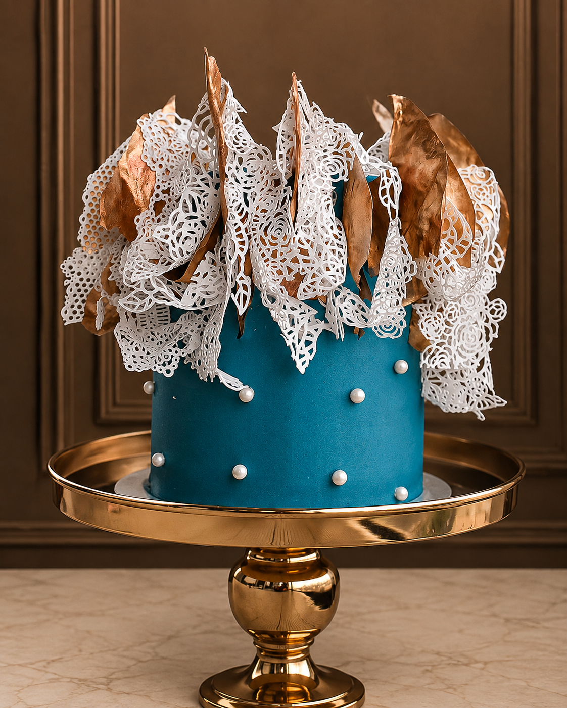 A Victorian Era inspired cake with blue buttercream, gold rice paper shards and white lace decorations on top, presented on a bronze cake stand.