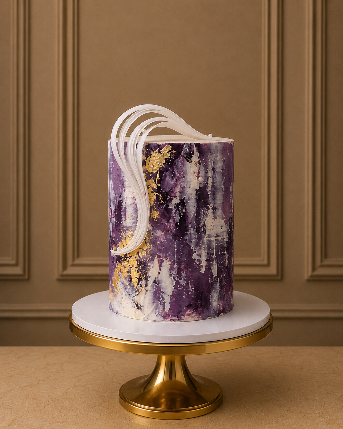 The Valentina one tier purple watercolour buttercream birthday cake with gold leaf and white wafer paper decorations, by Good Cake Day London