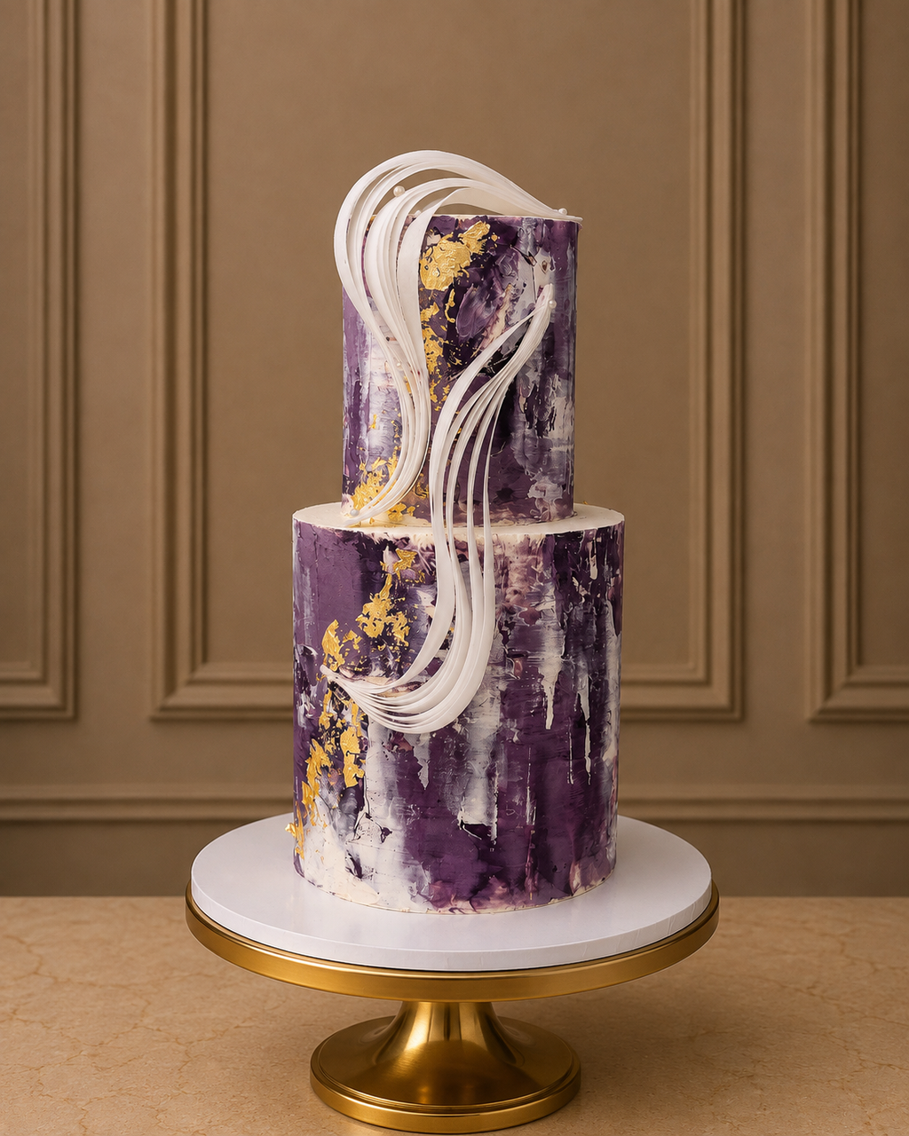 The Valentina two tier purple watercolour buttercream birthday cake with gold leaf splashes and white wafer paper decorations, by Good Cake Day London