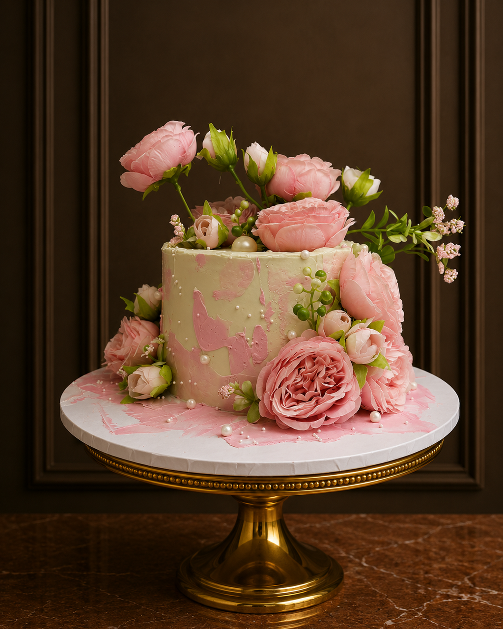 A decorated cake with pink roses and green foliage sits on a white marble-top cake stand with a gold pedestal, set against a dark brown paneled background.