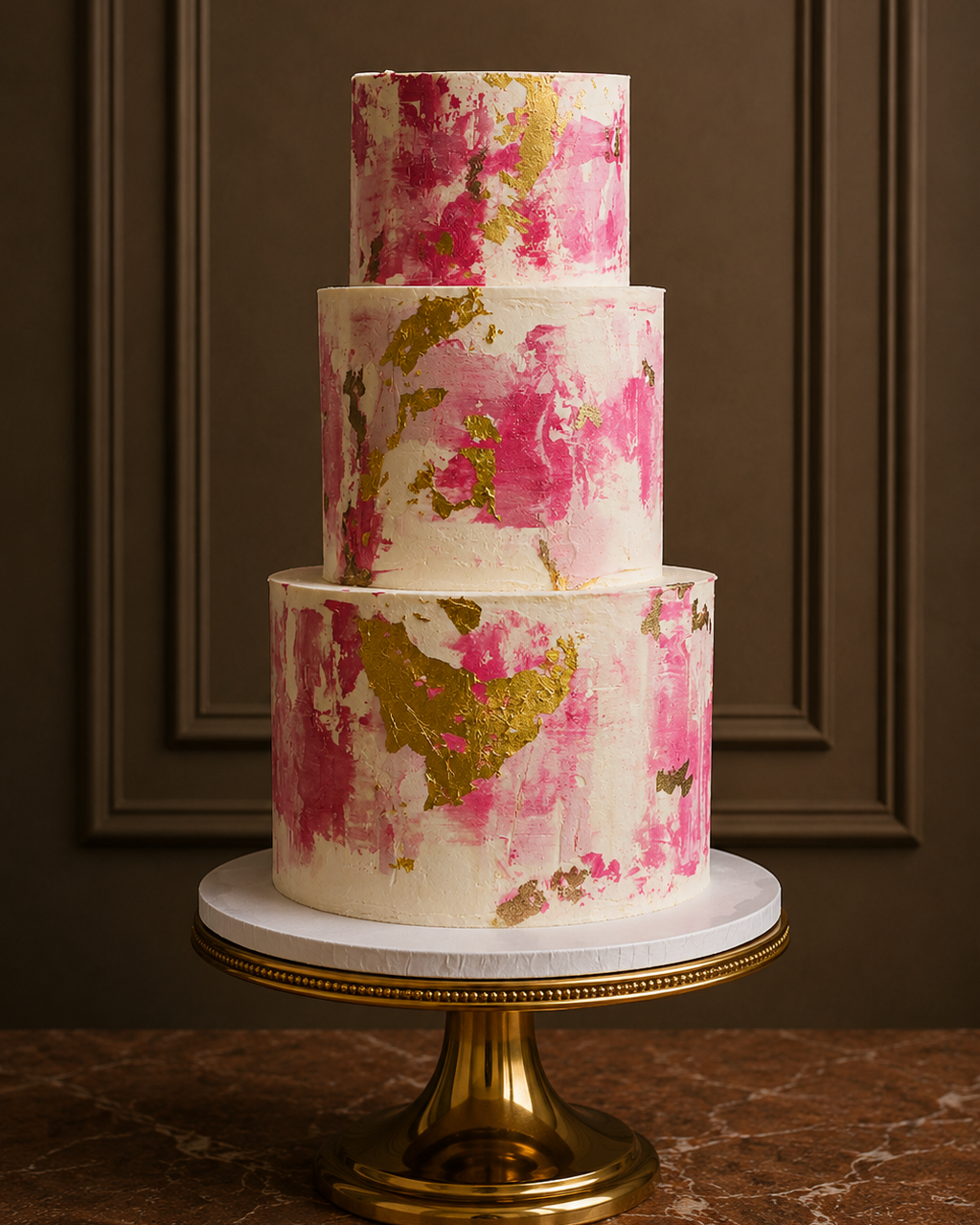 A three-tiered wedding cake with a white base and vibrant pink watercolour effect, accented with scattered gold leaf, displayed on a gold and white pedestal stand against a dark brown paneled wall.