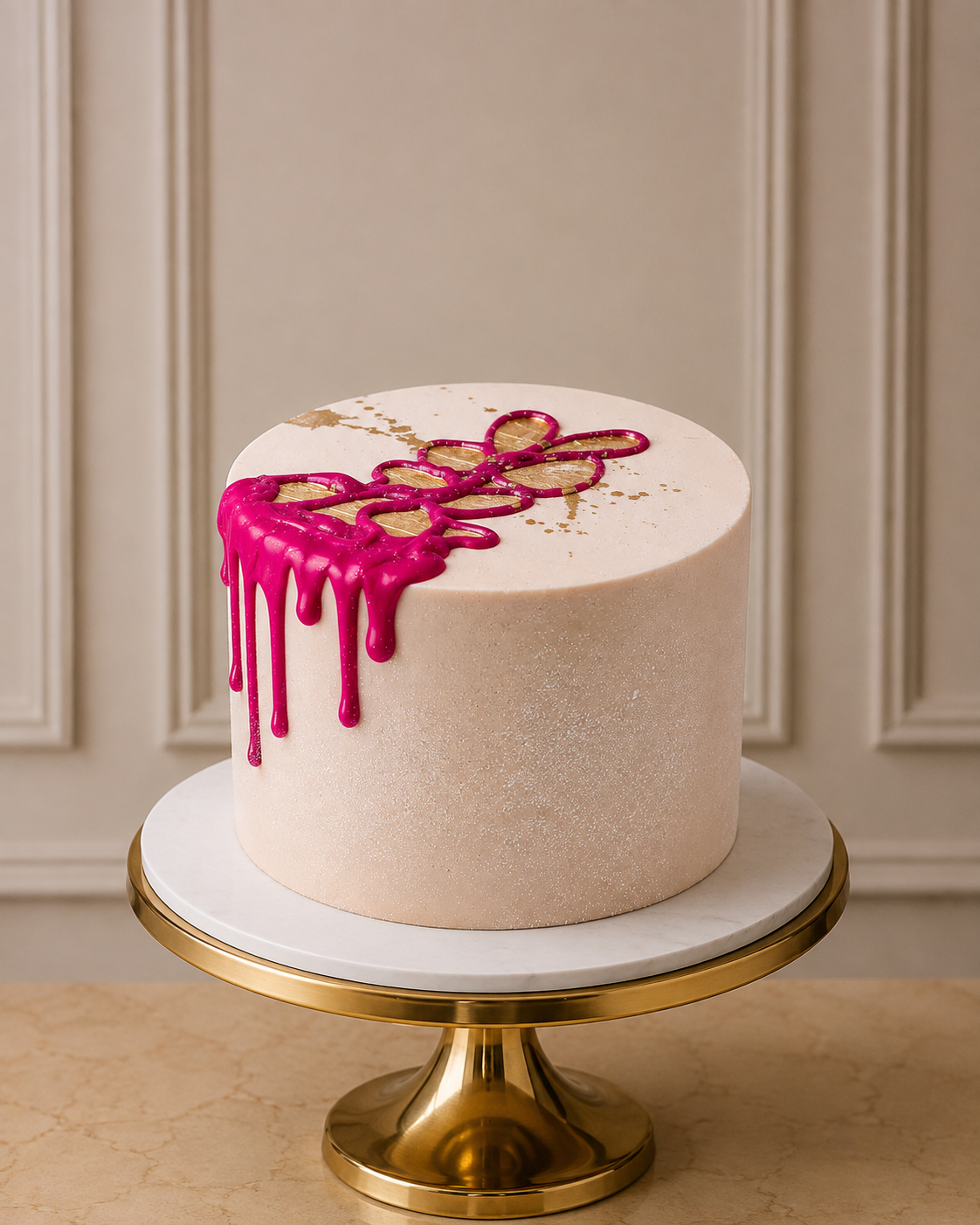 A round frosted cake with a light pink finish, decorated with bright pink dripping chocolate and a gold pattern on top, displayed on a white and gold cake stand against a beige paneled wall.