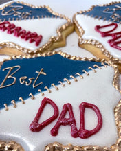 Load image into Gallery viewer, Blue and White Father&#39;s Day sugar cookies with gold edges. Available messages &quot;Best Dad&quot; &quot;Best Grandpa&quot; &quot;Thinking Of You&quot; 

