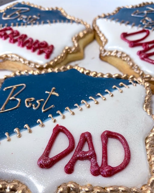 Blue and White Father's Day sugar cookies with gold edges. Available messages 