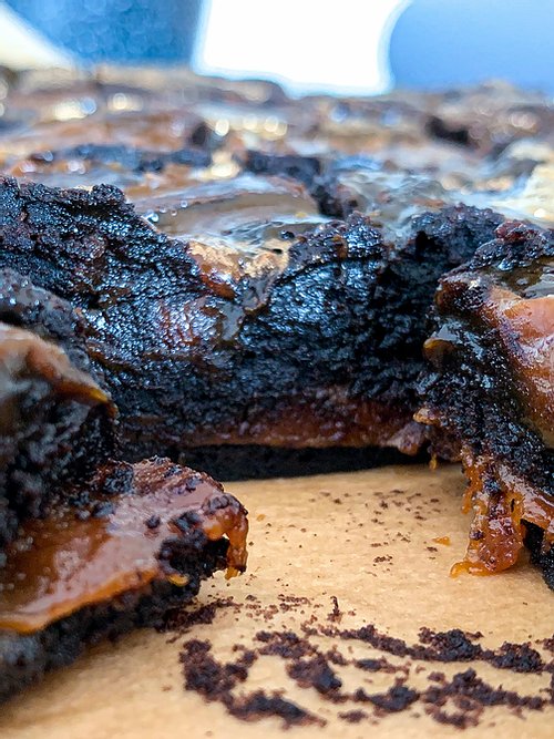 close up of caramel brownies